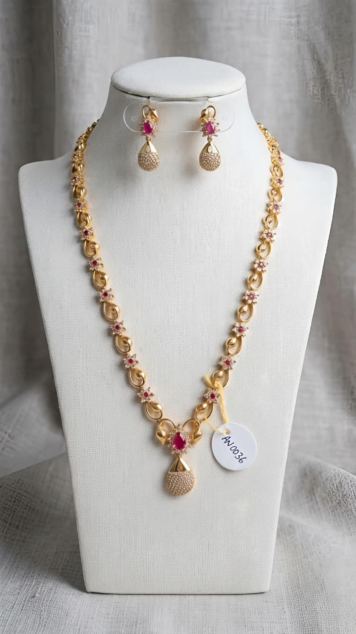 Ad Stone Necklace With Ear Ring An0034 Pink With White